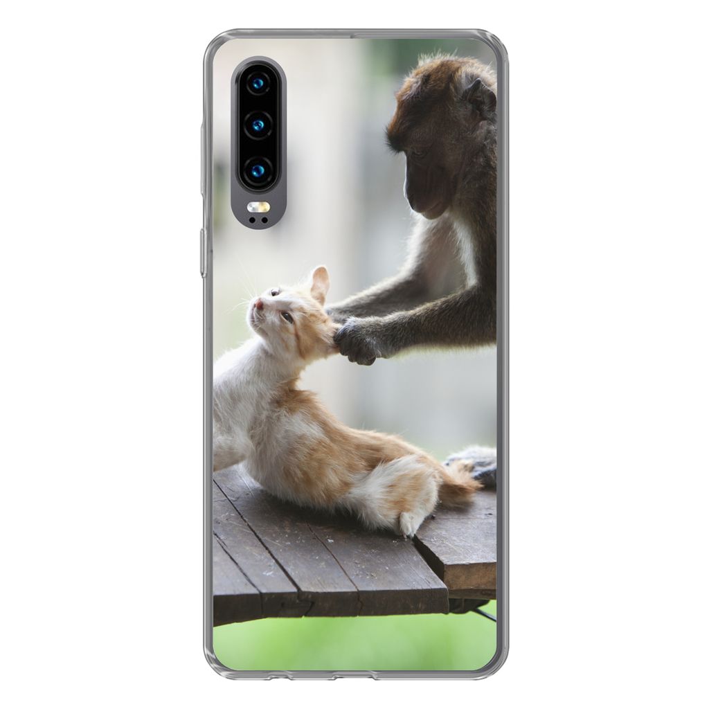 MuchoWow Handyhülle Schutzhülle Hülle für Huawei P30 Katze - Affe - Holz Silikon Softcase Handy Hülle - Kartenbesitzer