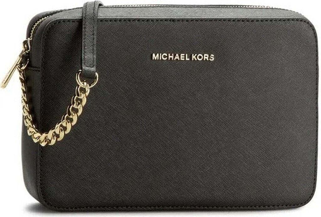 A black Michael Kors handbag with a gold chain strap.