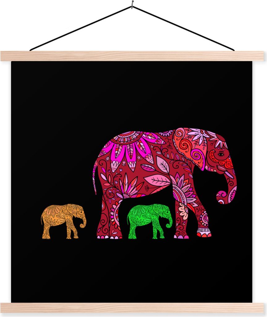 MuchoWow Textilposter Elefant - Muster - Blumen - Pflanzen 120x120 cm mit holzfarbenen Rahmen - Textil-Poster