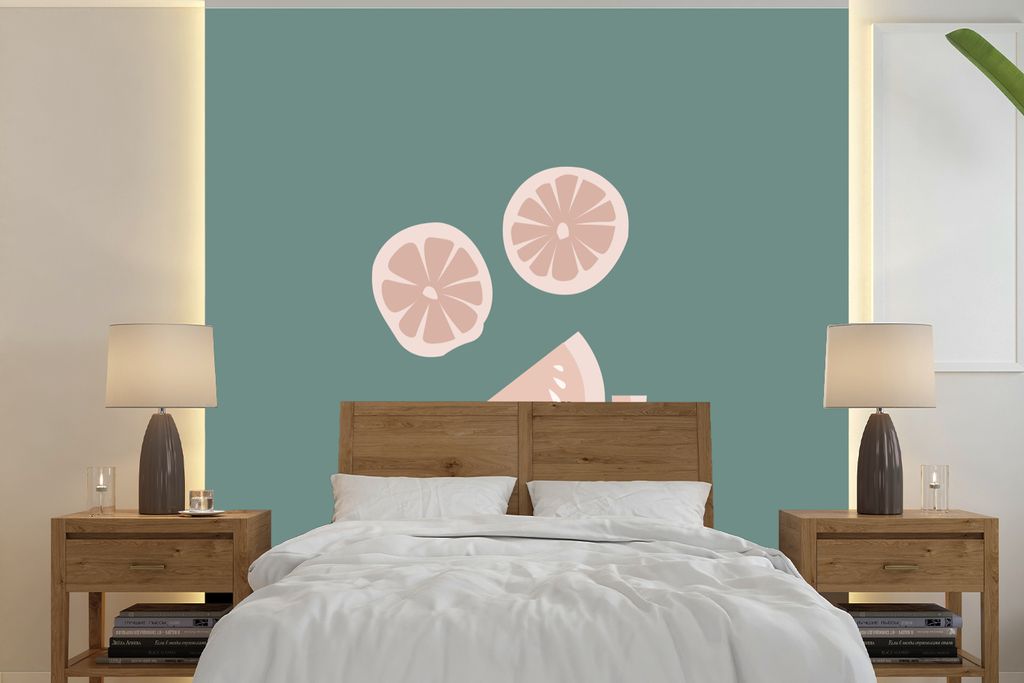 MuchoWow Fototapete für Wohnzimmer oder Schlafzimmer Wandtapete Vinyl Motivtapete Sommer - Obst - Rosa - 260x260 cm - Papiertapeten