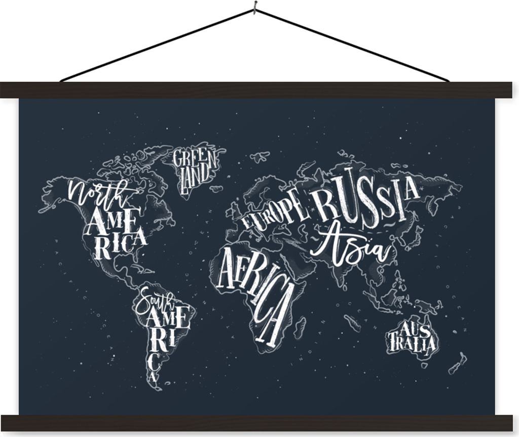 MuchoWow Textilposter Weltkarte - Schwarz - Weiß - Buchstaben 90x60 cm mit schwarzem Rahmen - Aufhängungssatz