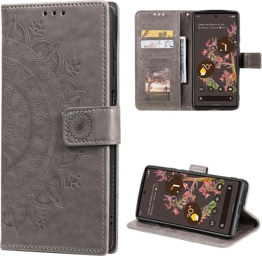 Hülle für Google Pixel 6 Handyhülle Tasche Flip Case Cover Etui Mandala Grau