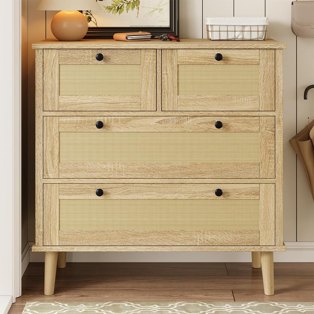 Sideboard mit vier Schubladen Rattanschubladen Aufbewahrungsschrank Kommode 80 L x 40 B x 80 H(cm)