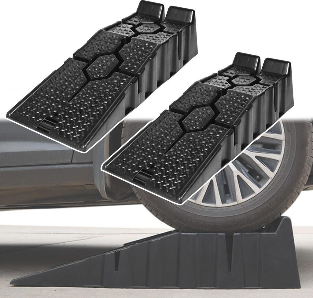 JOIEYOU Auffahrrampen PKW KFZ Mobile Hebebühne Auto 2er Kunststoff Auffahrkeile 2,5t Rampe Auto Schwerlast Autorampe mit Überfahrschutz, für Woh...