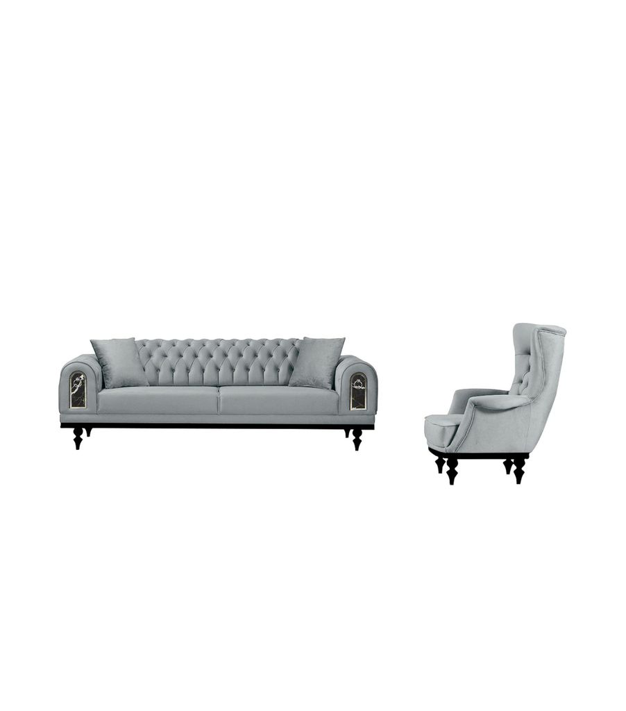 Sofa Set OSLO mit edler Knopfheftung, Spar-Set, Wählbar mit unterschiedlichen Sitzoptionen 3-Sitzer + Sessel Farbe: Hellgrau