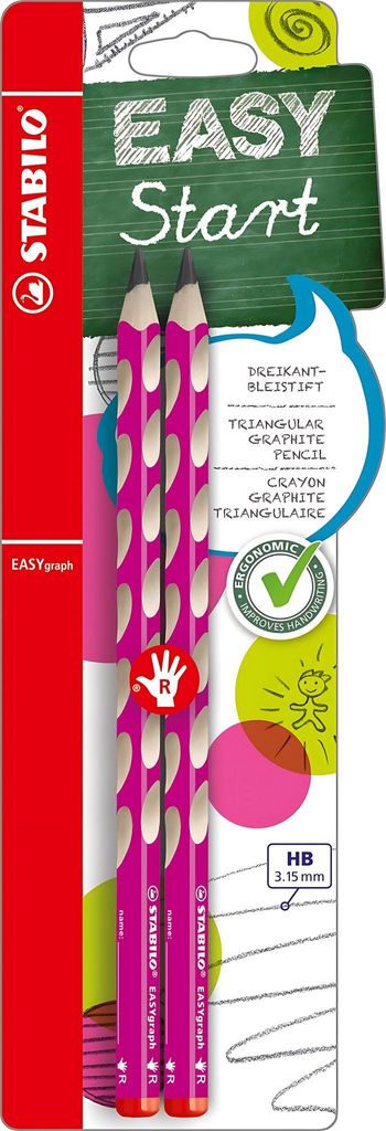 Packaging for a set of two pink triangular graphite pencils with a heart pattern, branded STABILO, with 'EASY Start' text.