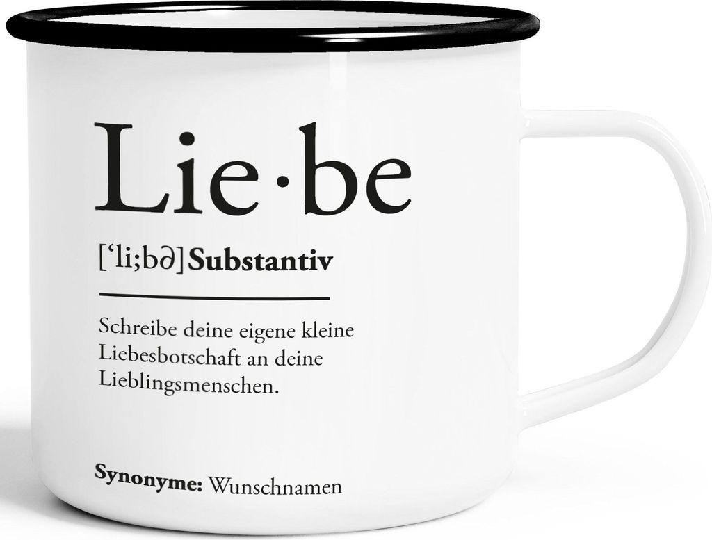 Emaille-Tasse personalisiert Liebe Definition Duden eigener Text Wunschnamen Geschenk Freundin Mann SpecialMe Personalisierbar weiß-schwarz Emai...