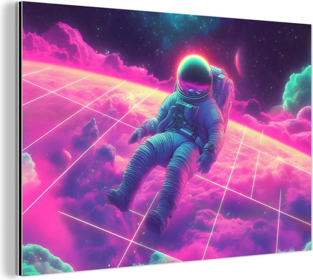MuchoWow Wanddekoration Metall Metallbild Wandkunst 90x60 cm Astronaut - Neon - Rosa - Wolken MuchoWow Aluminium Gemälde - Wandbilder