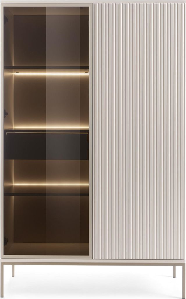 Moderne hohe Vitrine mit geriffelter Front, 104×166×39 cm, Kaschmir / Gold