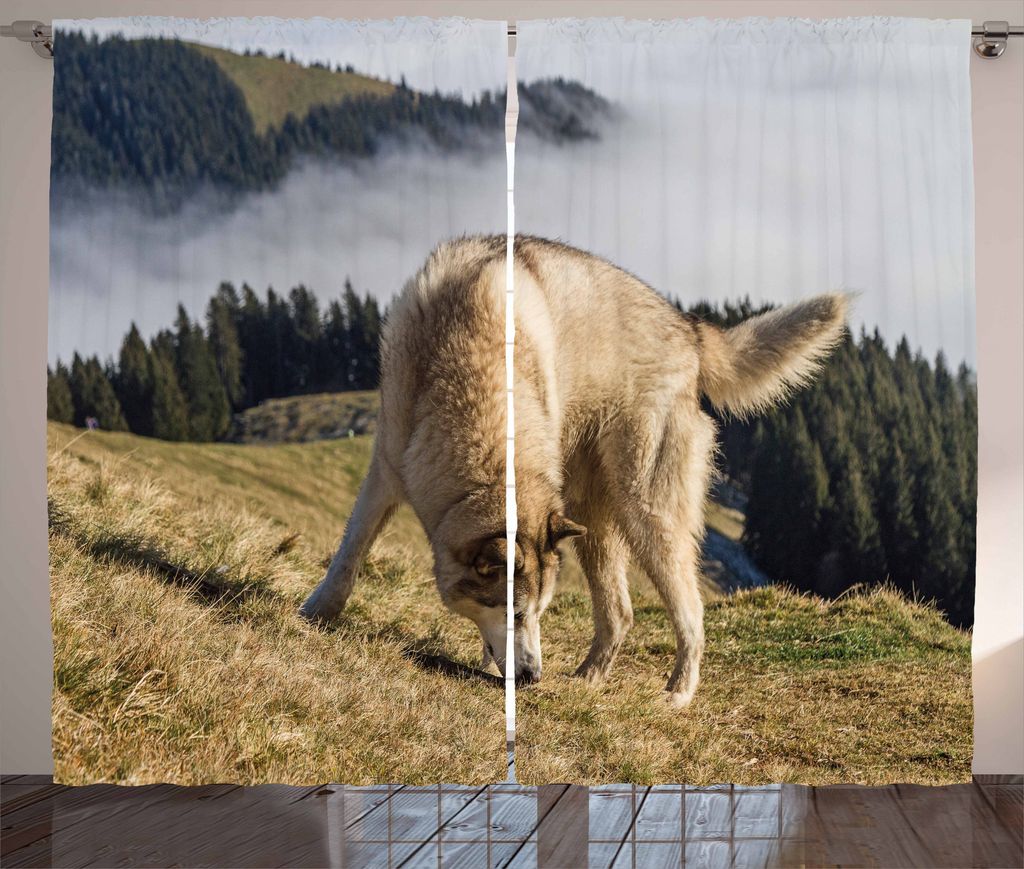 ABAKUHAUS Alaskan Malamute Rustikaler Vorhang, Rassehund, Wohnzimmer Universalband Gardinen mit Schlaufen und Haken, 280 x 175 cm, Dunkelgrün Hell...