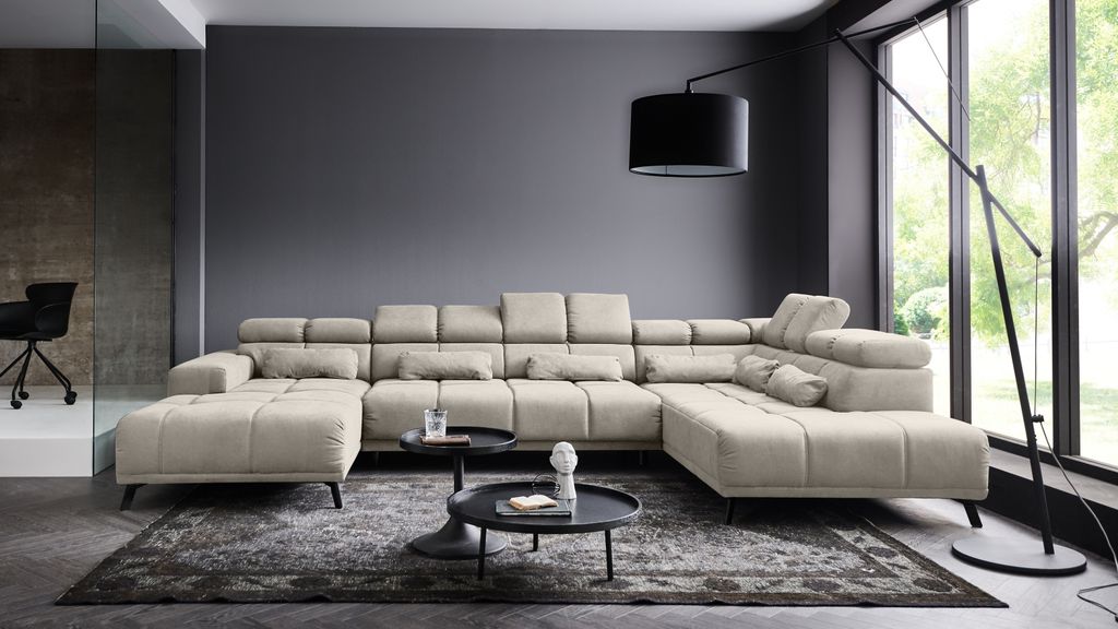 Wohnlandschaft >Starlett< U-Form, elektr. Sitztiefenverstellung, sand - 375x99x231 (BxHxT)