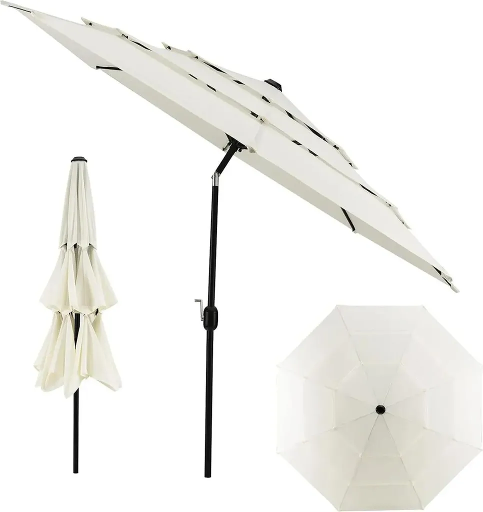 Parasol de marché beige pour terrasse et balcon avec mât en acier robuste