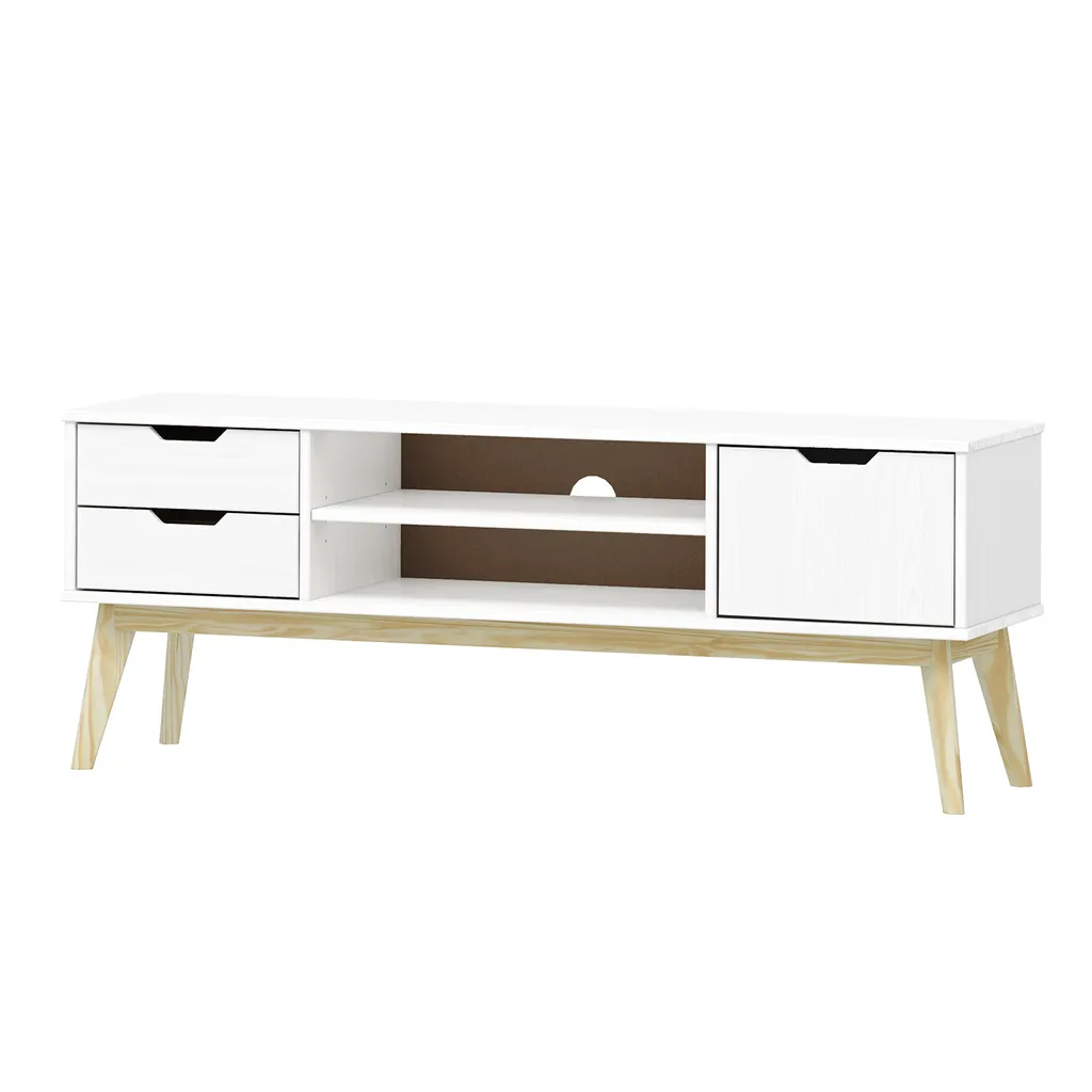 Meuble TV de salon blanc laqué BONITO - Support TV avec tiroirs de rangement