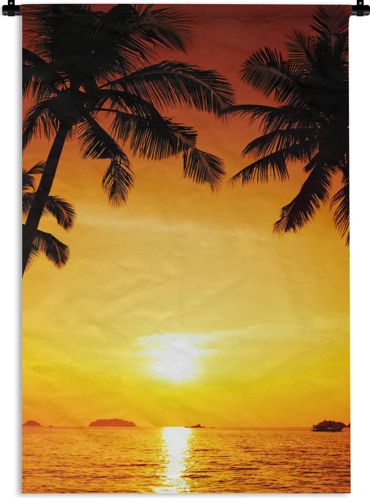MuchoWow Wandteppich Wandbehang Palme - Sonnenuntergang - Strand - Orange - Tropisch 60x90 cm Tapisserie Dekoration Wandtuch - Foto-Teppich - Abw...