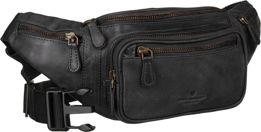 A black leather fanny pack is shown against a white background.