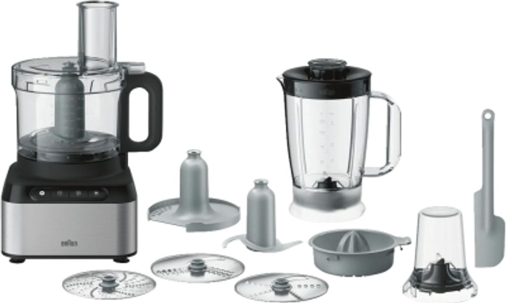 A collection of food processor and blender attachments laid out on a white background.