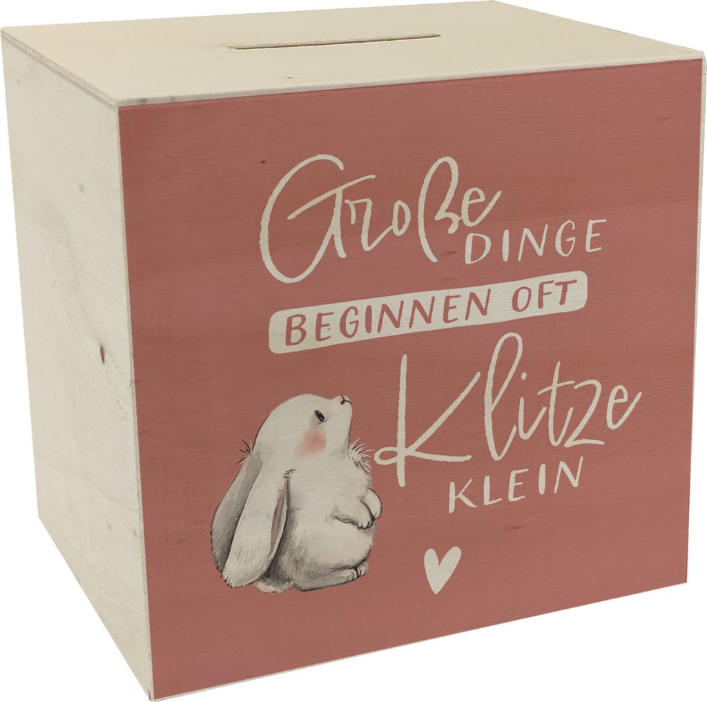 Baby Hase Spardose aus Holz mit Spruch Große Dinge beginnen oft Klitzeklein