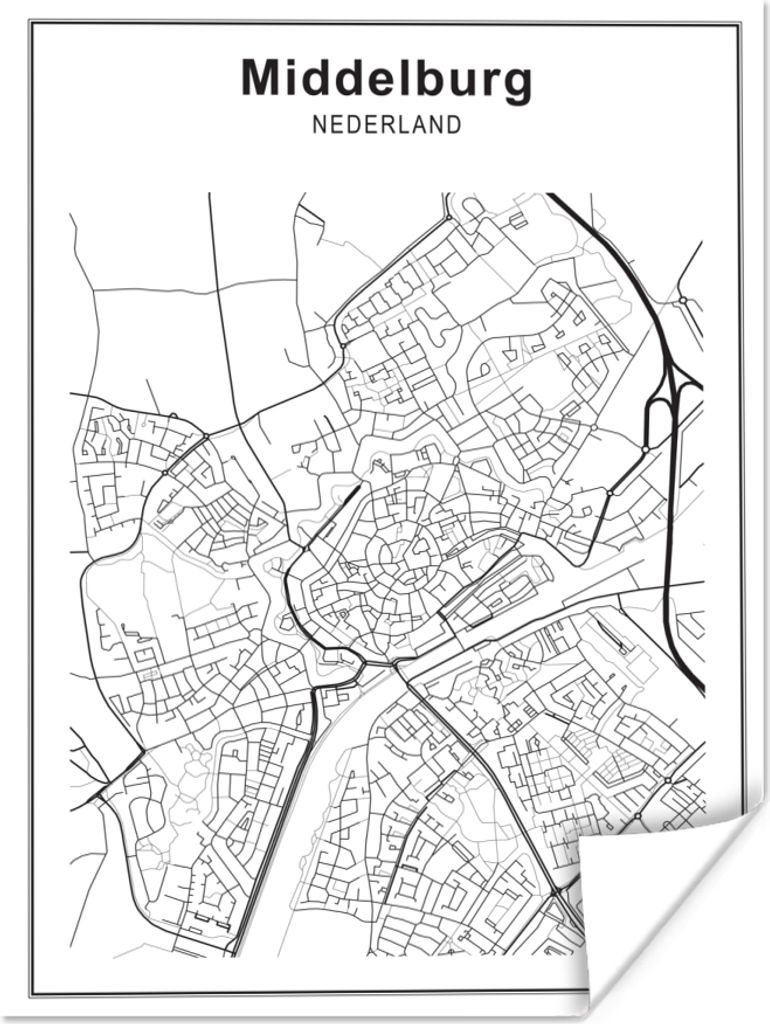 MuchoWow Poster Stadtplan - Middelburg - Schwarz und weiß 90x120 cm - Wohnzimmer