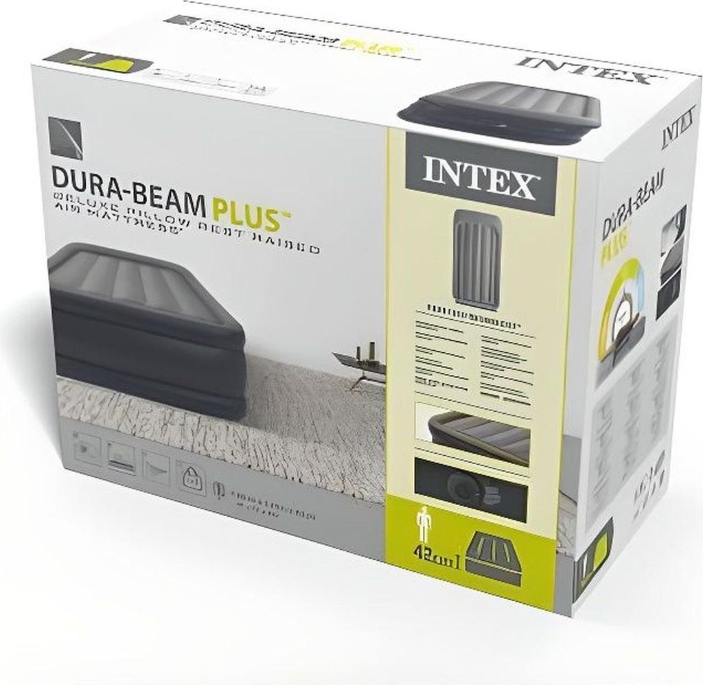 The image shows the retail packaging for an Intex Dura-Beam Plus air mattress.