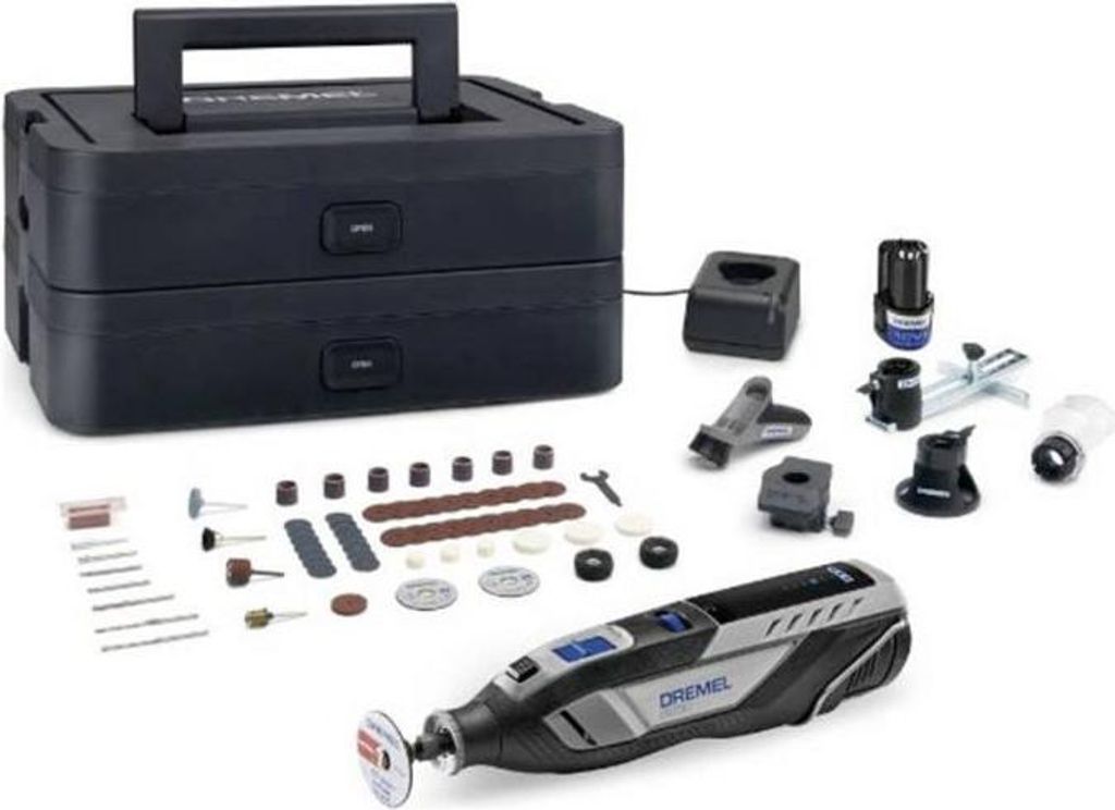 Dremel 8250 Multifunktionswerkzeug Akku 12V, 65 Zubehörteile, 5 Vorsätze, 1 Batterie 2Ah, 5.000-30.000 U/min