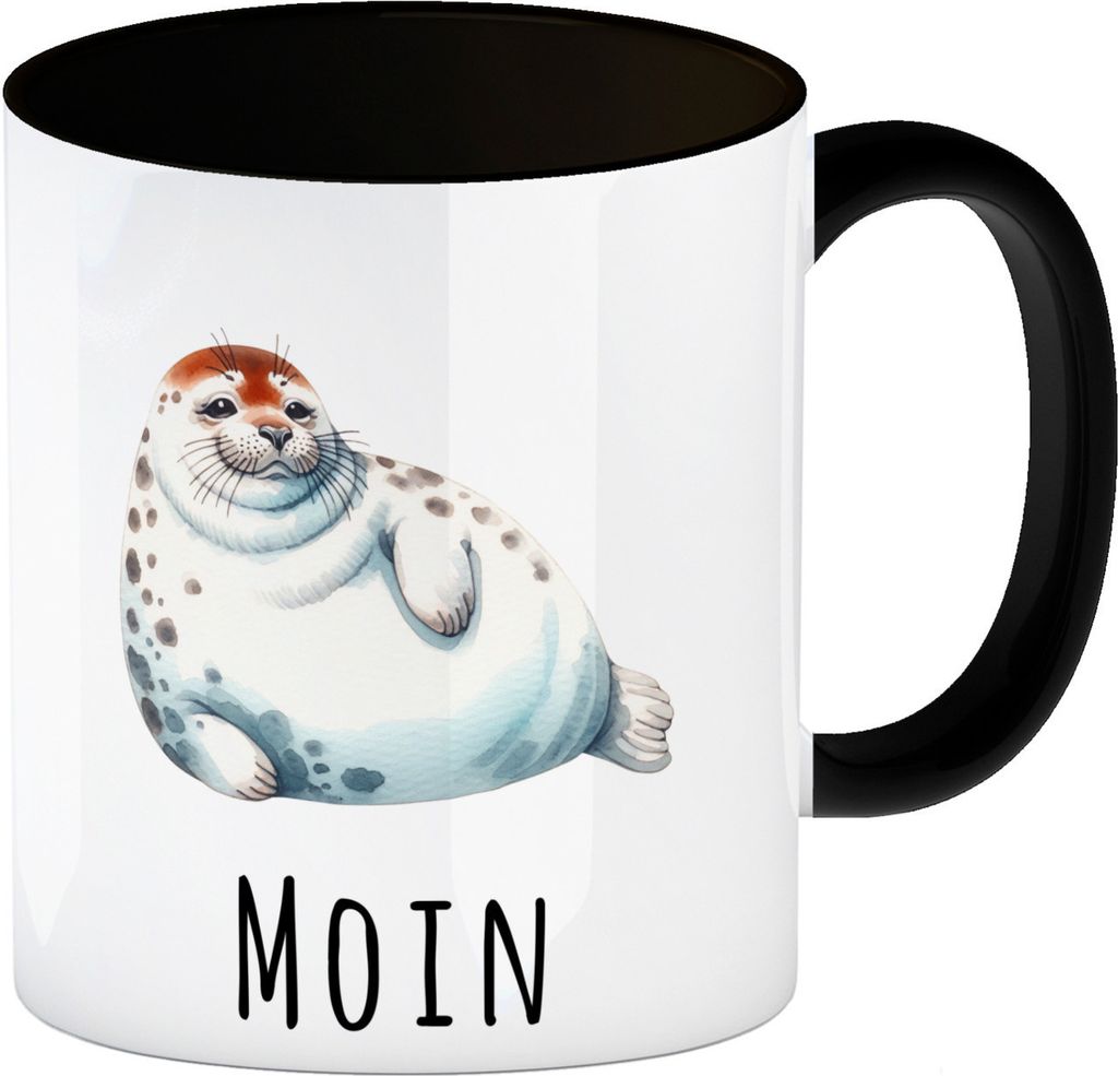 Dicke Robbe Kaffeebecher in schwarz mit Spruch Moin