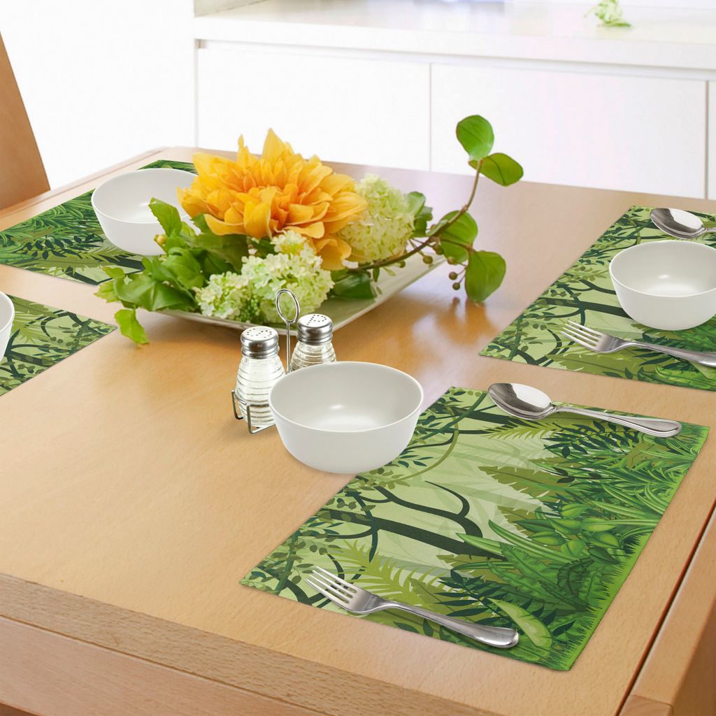 ABAKUHAUS Pflanze Platzmatten, Cartoon-Stil-Dschungel-Darstellung Hand gezeichnet Digital Rainforest Leaves Büsche Bäume, Tiscjdeco aus Farbfeste...