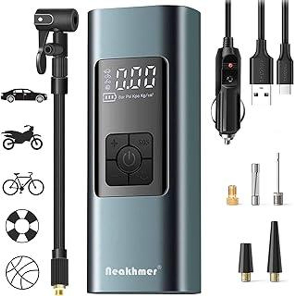 Tragbarer Luftkompressor Mini Reifenpumpe 12V 6000mAh Wiederaufladbarer Elektrischer Kompressor Fahrradpumpe 140PSI Luftpumpe mit Manometer für Au...