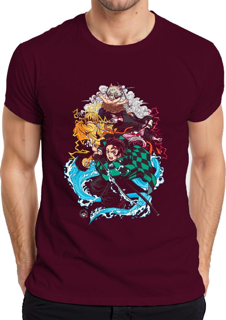 Kimetsu no Yaiba Tanjiro Nezuko Zenitsu Inosuke Anime Geschenk Herren T-Shirt, Burgundy, 3XL