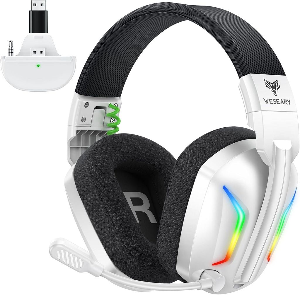 Gaming Headset für Xbox Series X/S, Xbox One, PC, PS5, PS4, Switch, Mac, 2,4GHz mit Mikrofon, Low Latency, Noise Cancelling, LED Light, 50h Akku