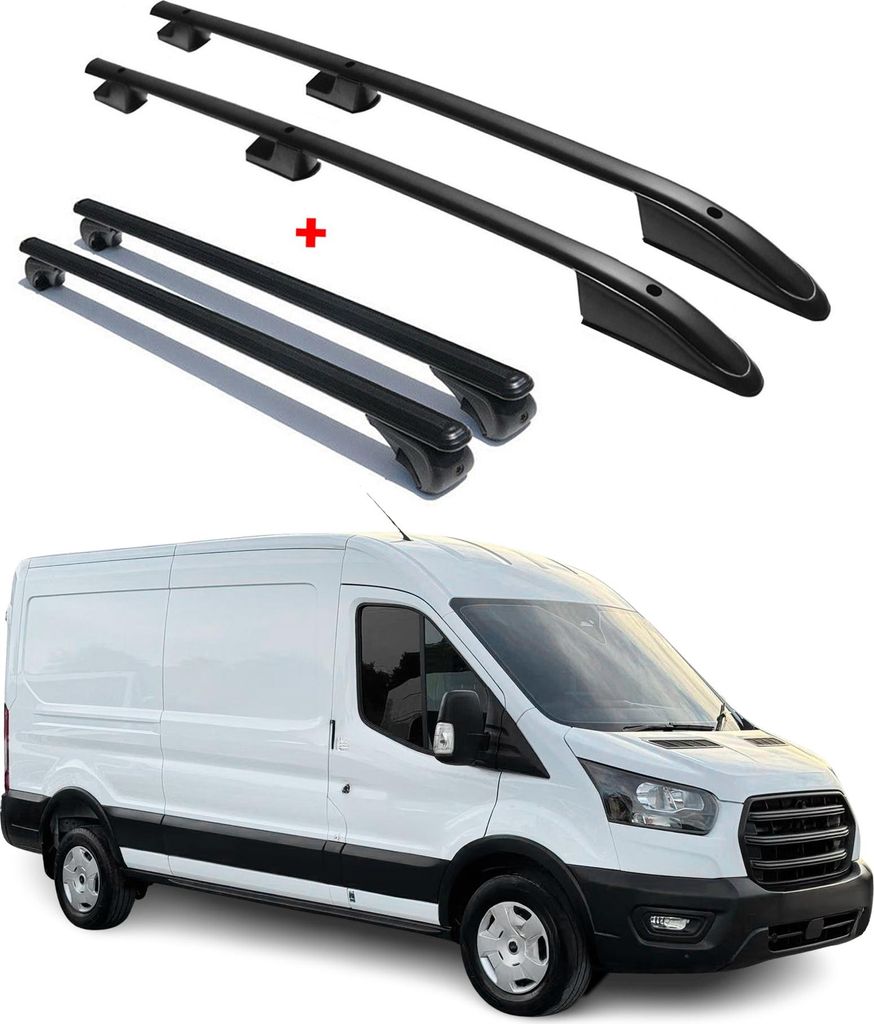 Dachreling + Dachträger für Ford Transit 2014-2025 L3 Langer Alu Schwarz