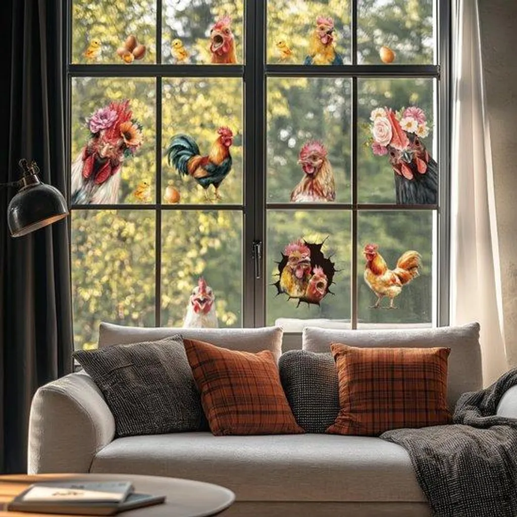 Décor vitrail autocollant poule et œuf double face pour fenêtre enfant