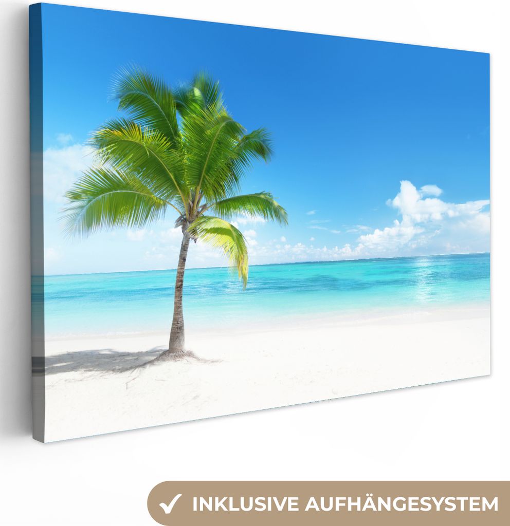 MuchoWow - Leinwandbilder - Palme - Strand - Meer - Sommer, Wandbild, Wanddeko Bilder Wohnzimmer, 90x60 cm
