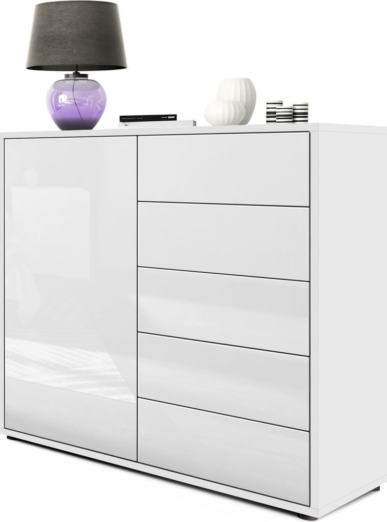 Vladon Sideboard Ben V2, Germany, Kommode mit 1 Tür und 5 Schubladen, Weiß matt/Weiß Hochglanz (79 x 74 x 36 cm)