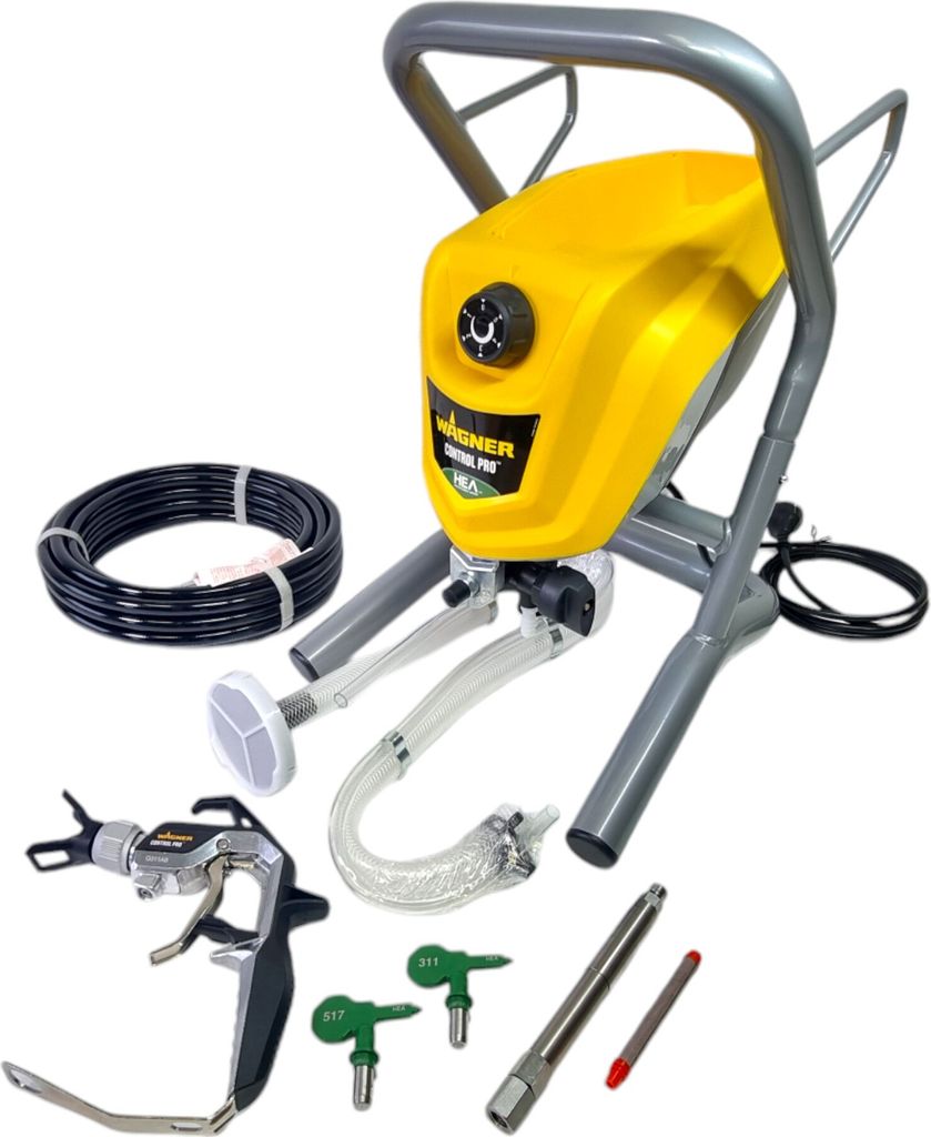 A collection of painting equipment, including a spray gun, hose, and paint sprayer unit, arranged on a white background.