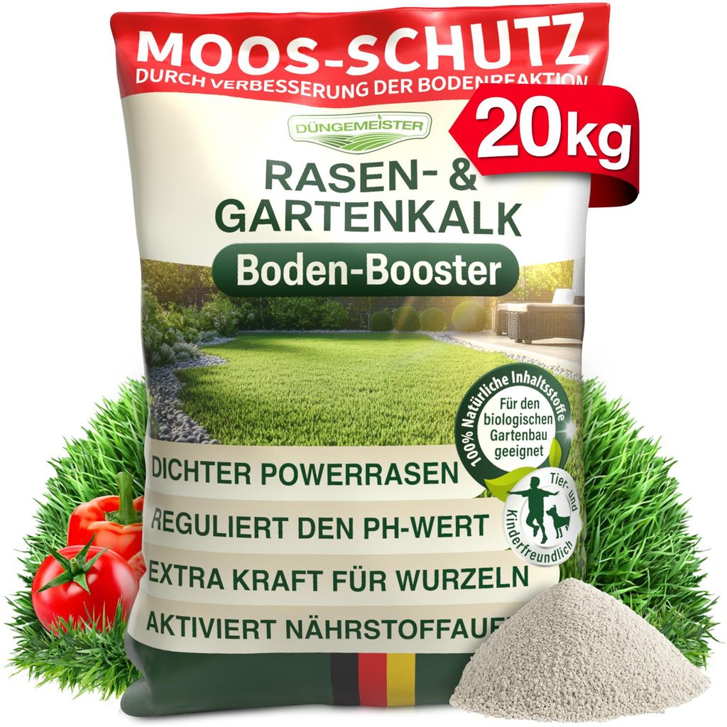 DÜNGEMEISTER Rasenkalk 20 kg – hochwertiger Rasen- & Produktbild 
