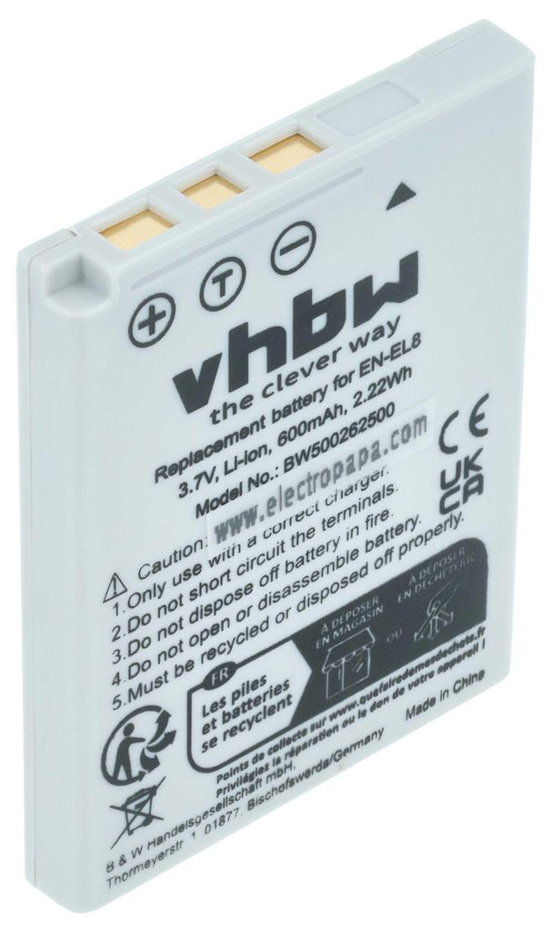 vhbw Akku Ersatz für Nikon EN-EL8 für Kamera (600 mAh, 3,6 Produktbild 