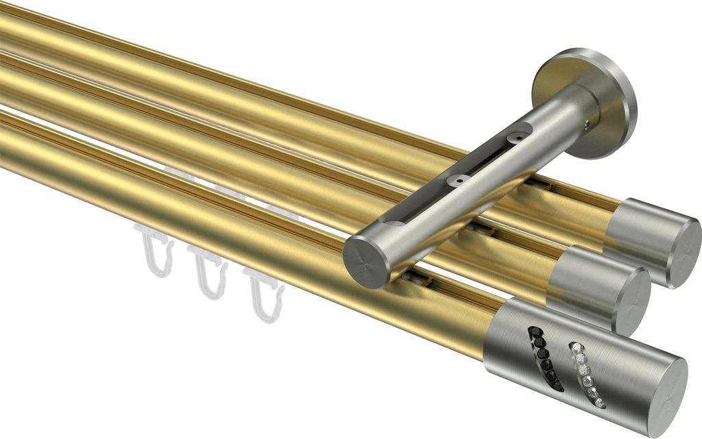 Interdeco Innenlaufstange / Gardinenstange mit Innenlauf Messing-Optik / Edelstahl-Optik, Typ Siteno Zoena (Glitzerzylinder), 20 mm Ø 3-läufig, 3...