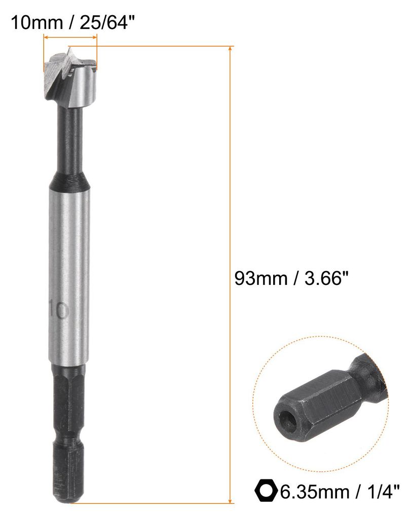 Forstner Bohrer 25/64" (10mm) Kohlenstoffstahl mit mehreren Z?hnen zum Bohren von Holz mit Scharnierfr?ser und 1/4" Sechskantschaft fš¹r Hartholz...