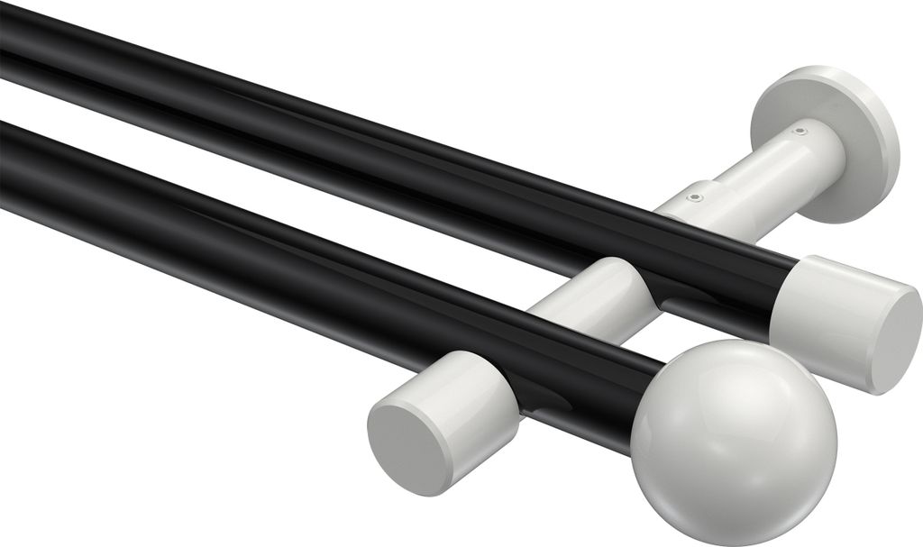 Interdeco Gardinenstange / Vorhangstange Schwarz / Weiß, Typ Prestige Luino (Kugel) ohne Ringe, 20 mm Ø 2-läufig, 240 cm