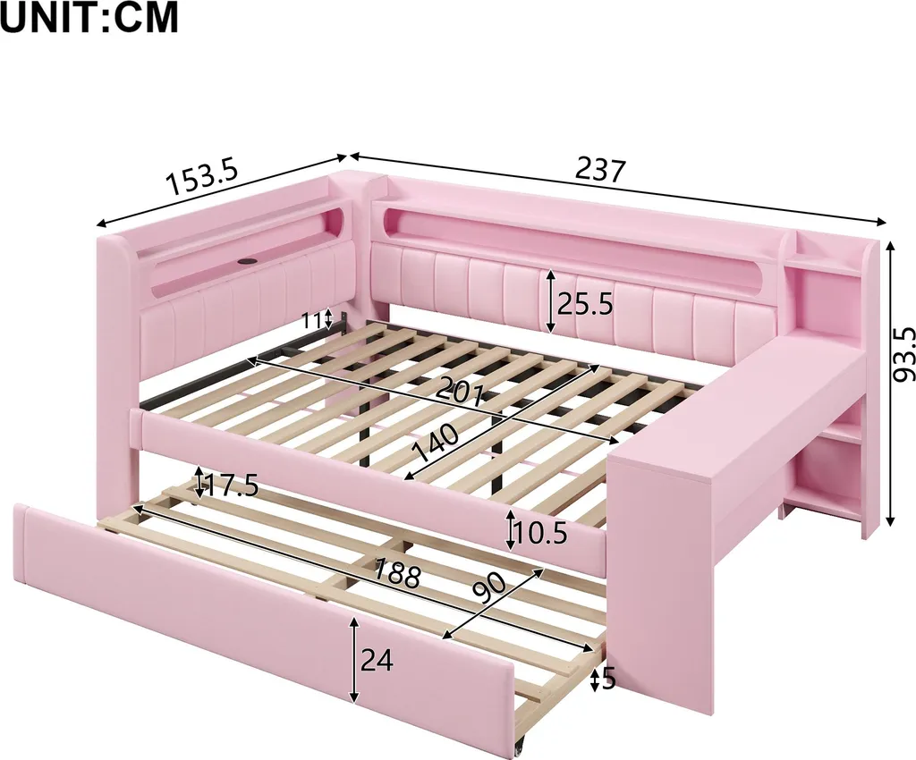 Flieks Lit d'adolescent 140x200cm Rose avec LED USB et Bureau Intégré