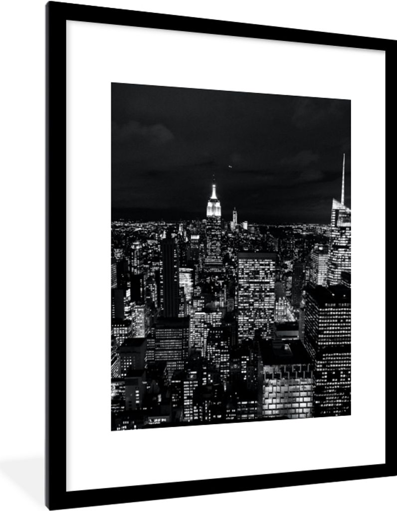 MuchoWow Gerahmtes Poster Skyline - Schwarz - Weiß - New York - Amerika 60x80 cm - Poster mit Schwarzem Bilderrahmen Wandposter Rahmen Foto Bild...