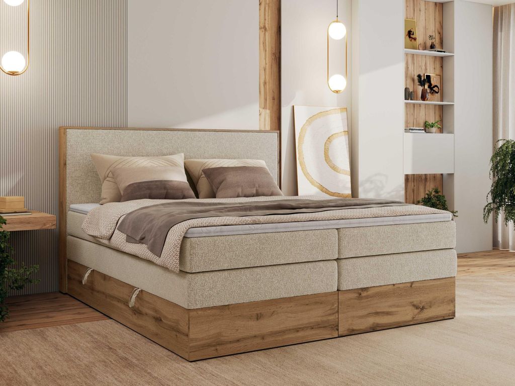 MKS MEBLE Boxspringbett WOOD CLASSIC KING, Doppelbett mit zwei Multipocket-Matratze und Topper T25, hohe Kopfteil, Stauraum - 160 x 200 cm - H4 - C...