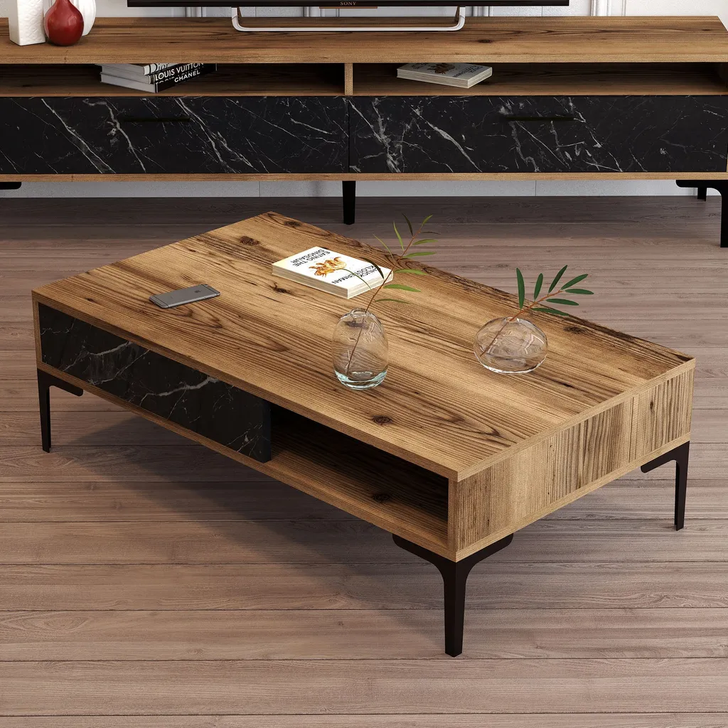 Table Basse de Salon Rectangulaire Noyer et Marbre Noir Istanbul 105cm