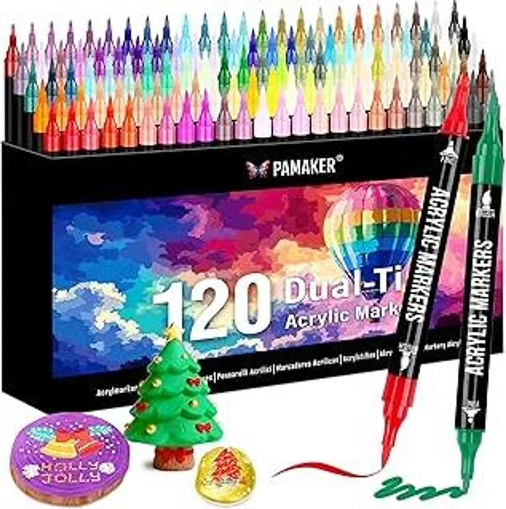 Set di pennarelli acrilici Pamaker 120 colori – Pennarelli acrilici con punta fine e pennello per tessuti, tela, vetro, legno e carta – Ideali per bambini e adulti, per disegnare e realizzare progetti fai da te