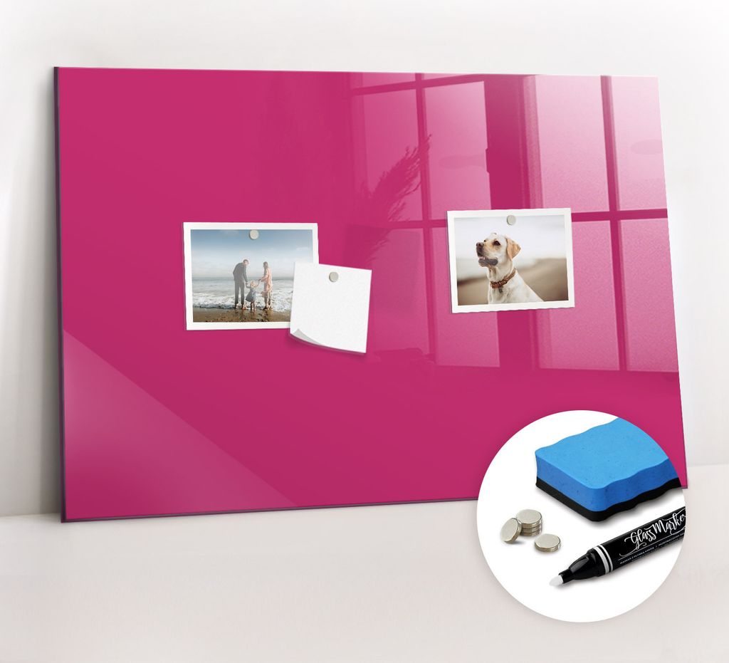 Magnetpinnwand Memoboard - Zubehörsatz - Weißer Marker + Schwamm + Magnete - 60 x 40 cm - Kräftige rosa Farbe