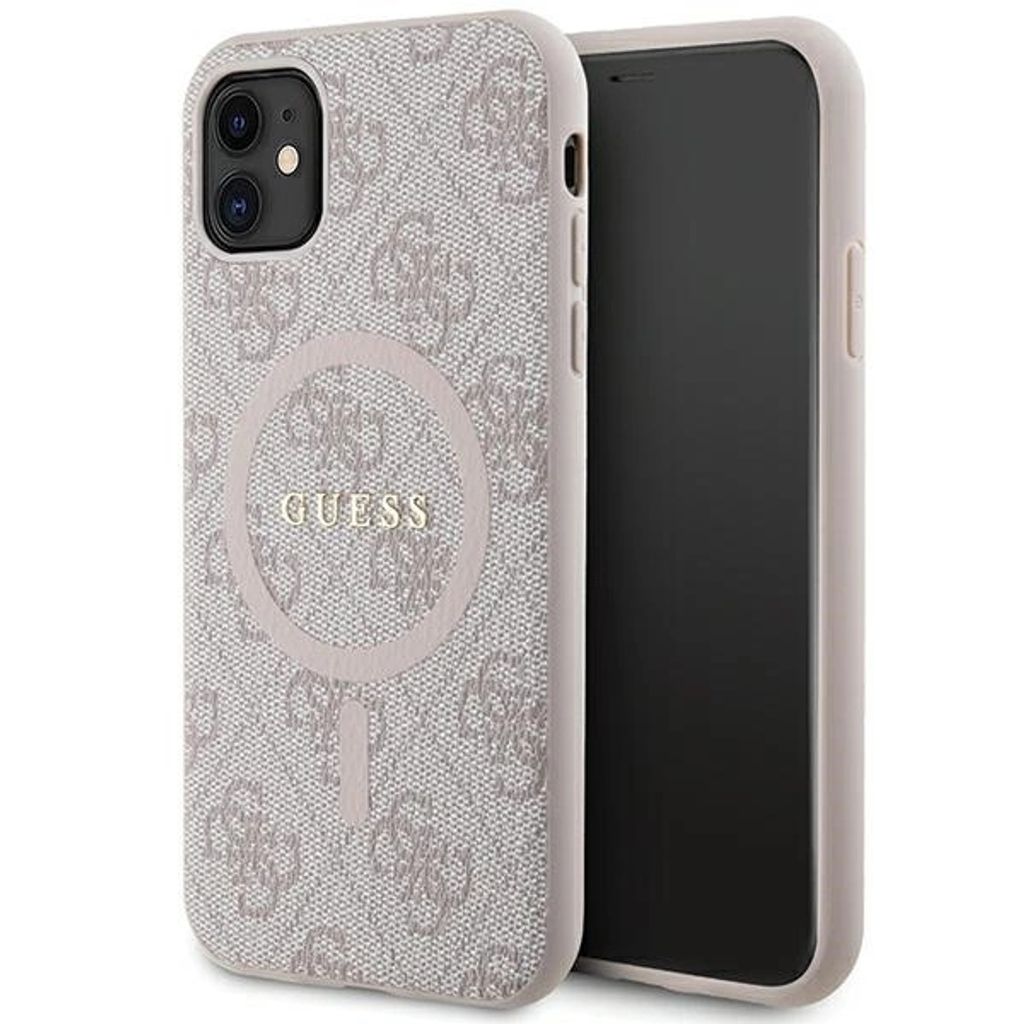 A pink hard case for an iPhone 11/Xr with a Guess logo and pattern.