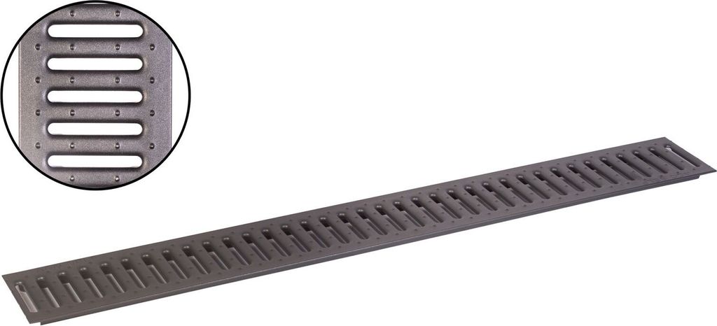 A long, narrow drainage grate with a close-up inset view of its pattern.
