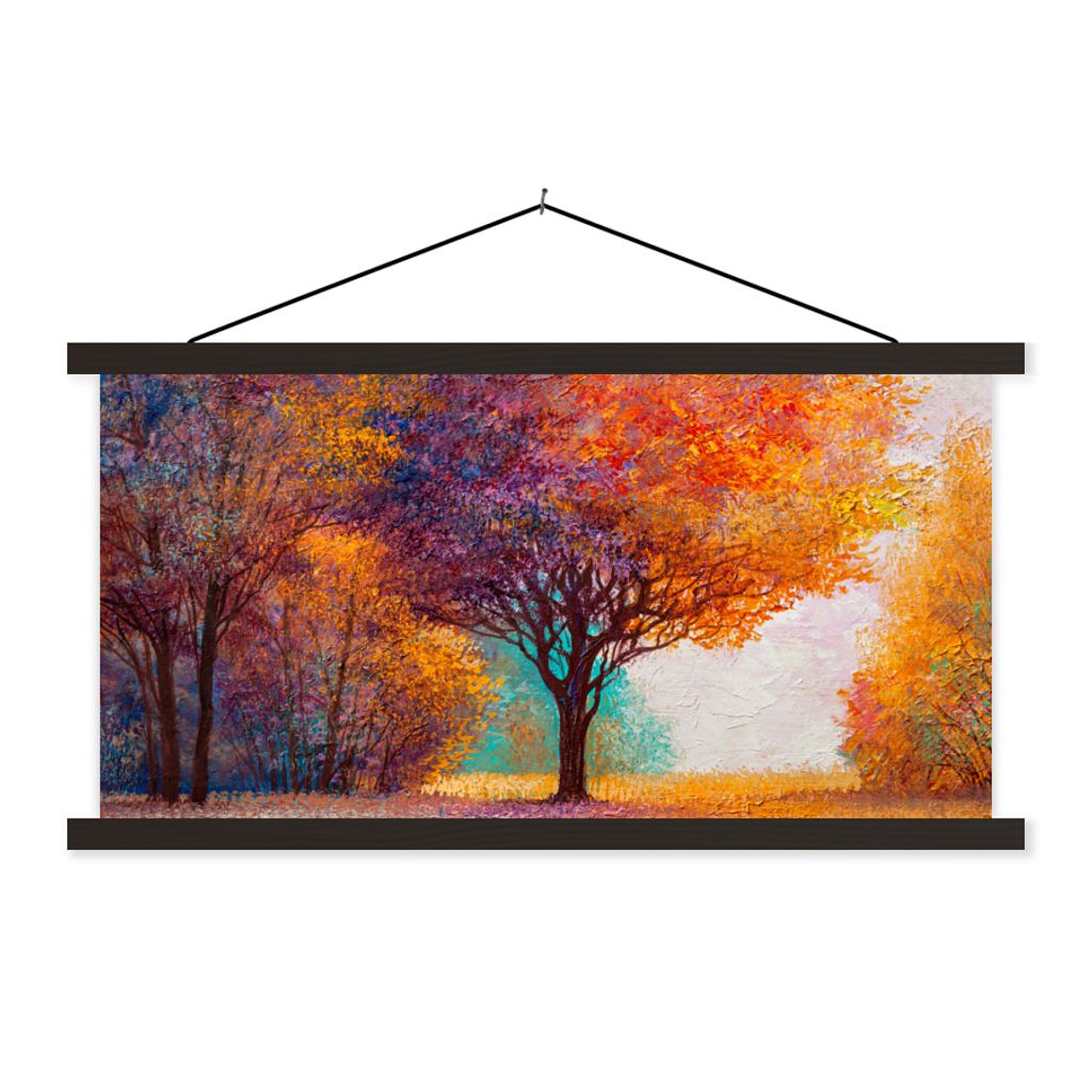 MuchoWow Textilposter Ölgemälde - Baum - Farben 90x45 cm mit schwarzem Rahmen - Klemmleisten