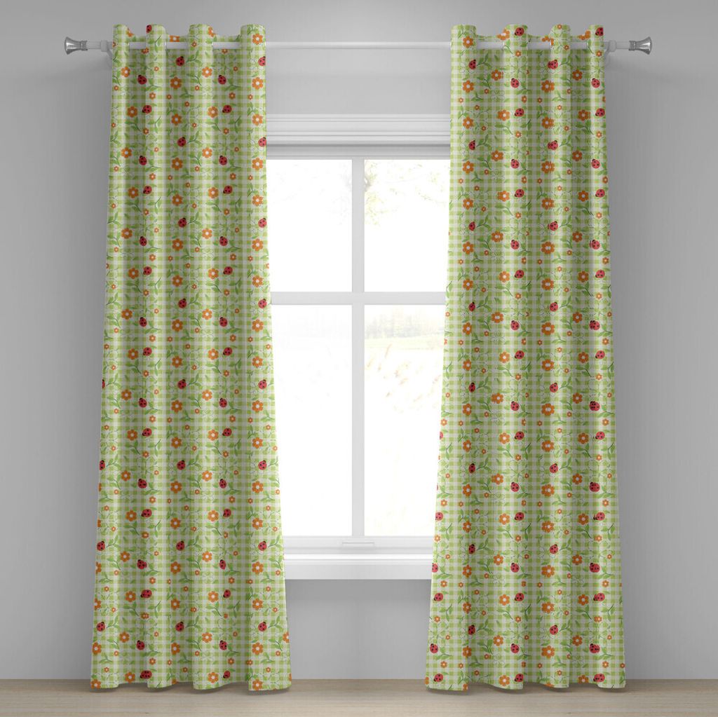 ABAKUHAUS Blumen Ösenvorhang, Blumen-Marienkäfer-Blätter auf Sommer-gestreiftem Hintergrund-Baby-nettem Motiv, Dekorative 2-Panel-Fenstervorhän...