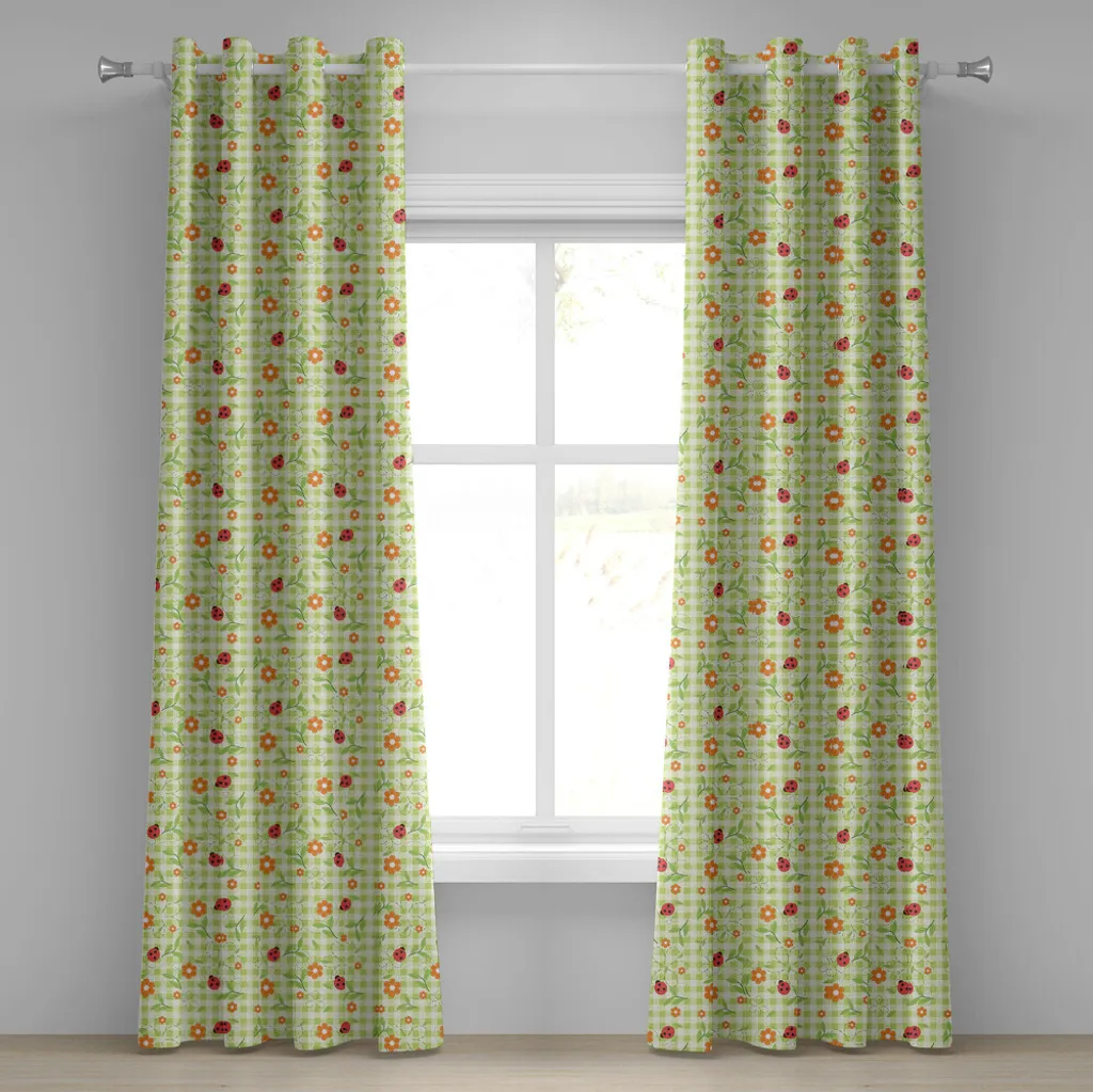 ABAKUHAUS Tenda con occhielli a fiori, fiori, coccinelle e foglie su sfondo a righe estivo - Motivo carino per bambini, tende decorative a 2 pannelli, 280 cm x 175 cm, rosso arancione verde lime